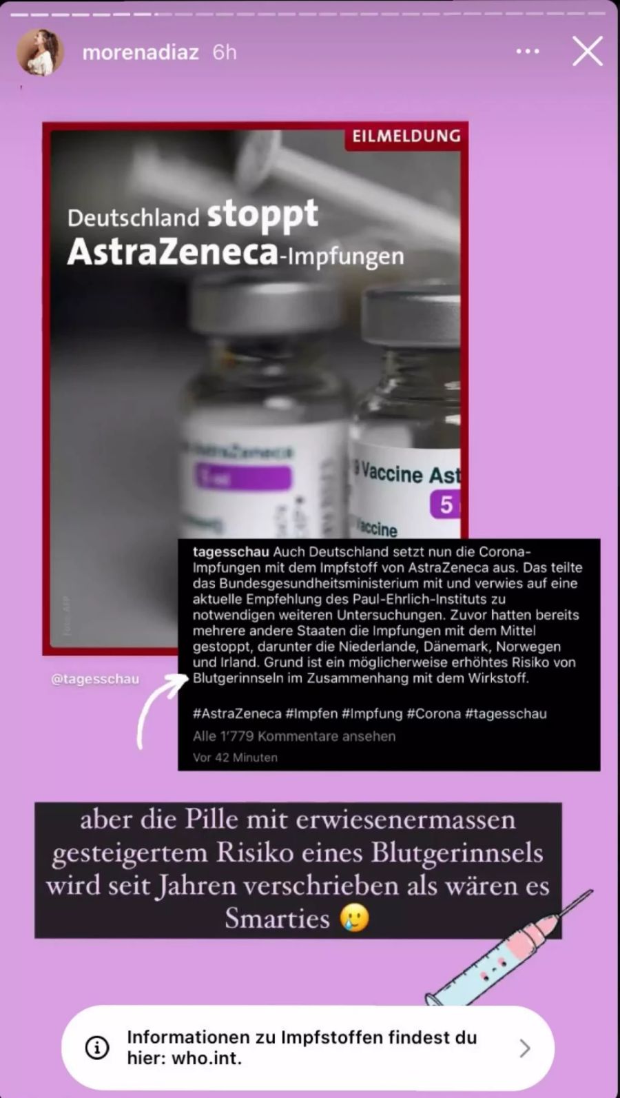 «Pille wird verschrieben wie Smarties»: Morena Diaz vergleicht den Astrazeneca-Impfstoff mit der Antibabypille.