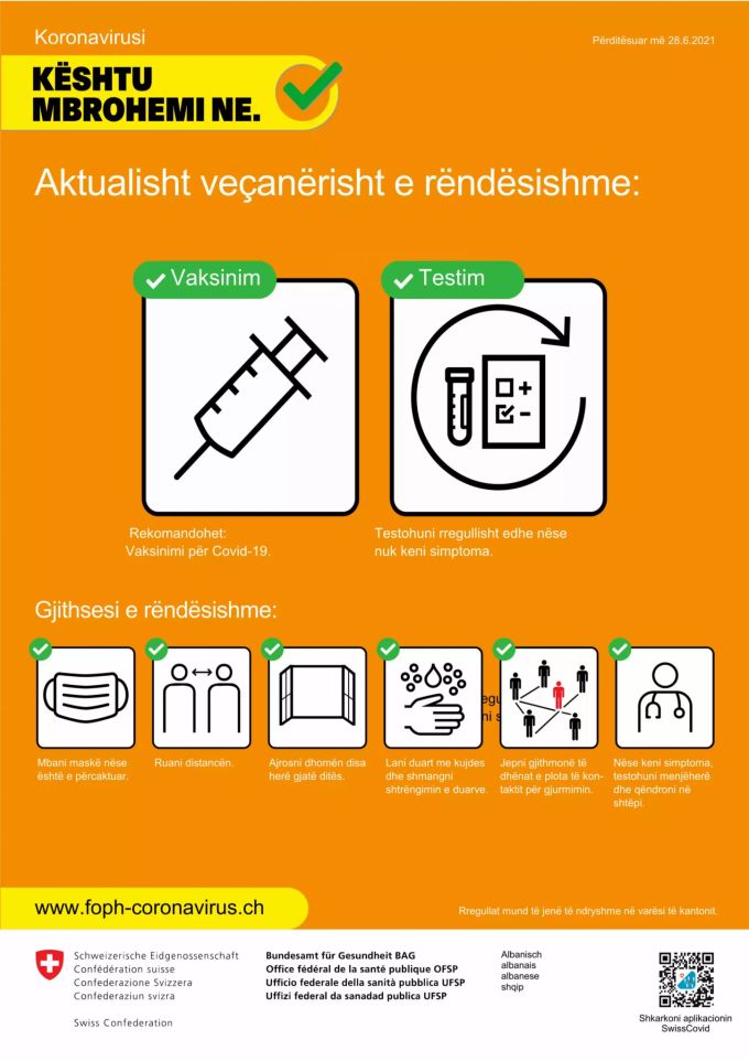 Das Plakat des BAG «So schützen wir uns» auf Albanisch. Albanisch BAG