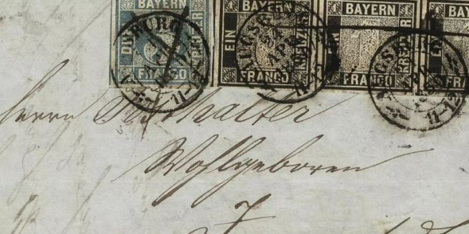 Auf einen 1850 versendeten Brief sind die seltenen Briefmarken «Schwarzer Einser» und «Blauer Dreier» geklebt. Der Brief ist für 54 000 Euro versteigert worden. (zu dpa: «Alter Brief mit seltenen «Schwarzen Einsern» bringt 54 000 Euro»). Foto: Heinrich Köhler Auktionshaus/dpa Auf einen 1850 versendeten Brief sind die seltenen Briefmarken «Schwarzer Einser» und «Blauer Dreier» geklebt. Der Brief ist für 54 000 Euro versteigert worden. (zu dpa: «Alter Brief mit seltenen «Schwarzen Einsern» bringt 54 000 Euro»). Foto: Heinrich Köhler Auktionshaus/dpa