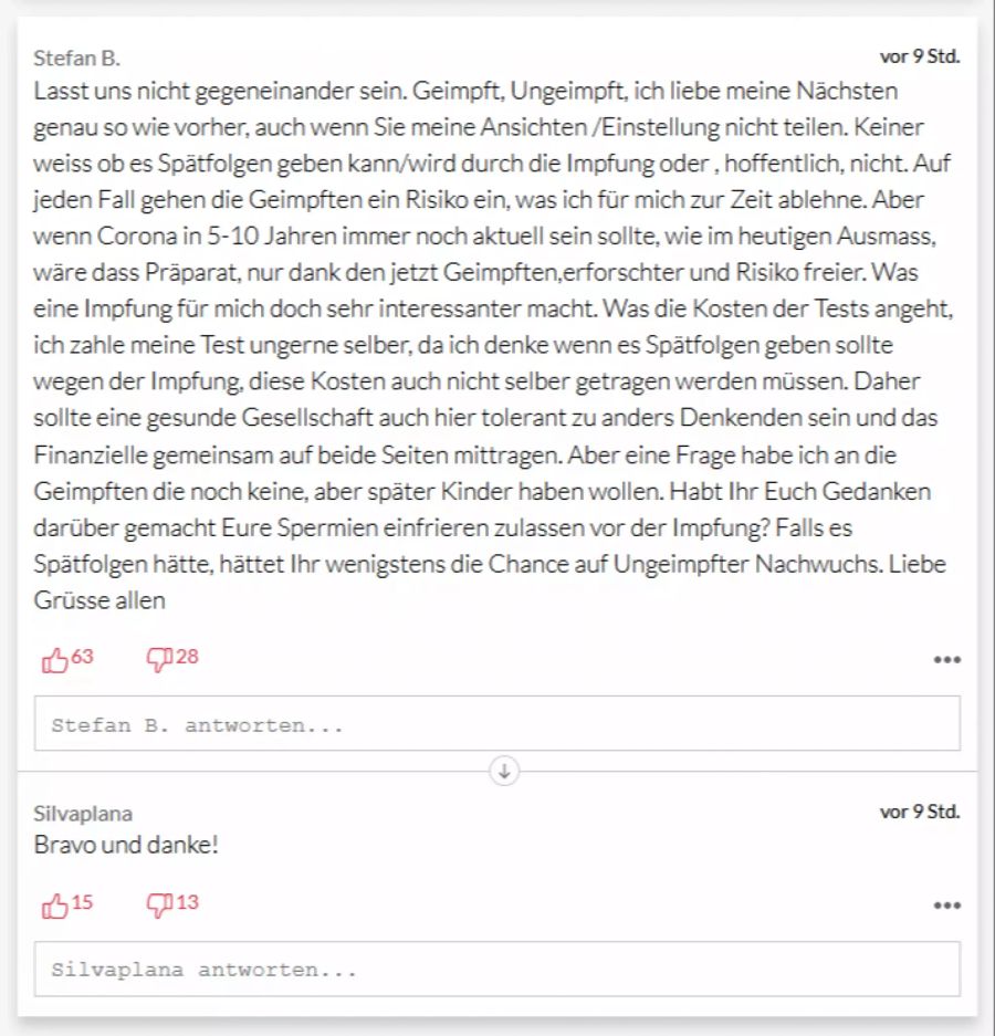Dieser Leser ist zwar noch ungeimpft, setzt sich aber für mehr Verständnis auf beiden Seiten ein und erhält dafür viel Zuspruch.