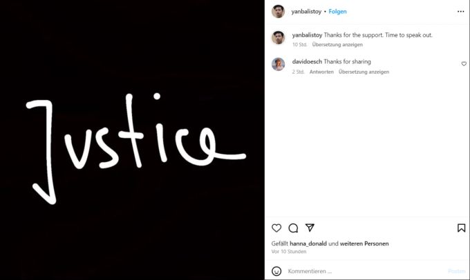 Der Schauspieler Yan Balistoy teilte auf seinem Instagram-Profil dieses Bild und schreibt dazu: «Danke für die Unterstützung. Es ist Zeit, sich zu äussern. » Yan Balistoy
