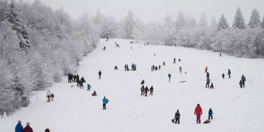 Fussgänger und Schlittenfahrer sind auf einer Piste in Winterberg unterwegs. Foto: Bernd Thissen/dpa