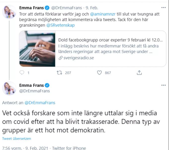 Die Wissenschaftsjournalistin Emma Frans bezeichnet die Gruppe «Media Watchdogs of Sweden» als Gefahr für die Demokratie. Coronavirus Schweden