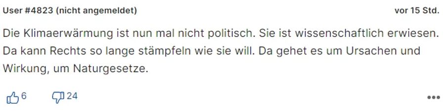 Ein weiterer User entgegnet, dass die Klimaerwärmung nicht politisch, sondern wissenschaftlich erwiesen sei.