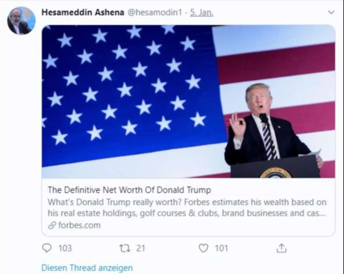 Der Berater des Iranischen Präsidenten Hassan Rouhani tweetet mitten in der Iran-Krise eine Liste von Trumps Anwesen. Iran-Krise