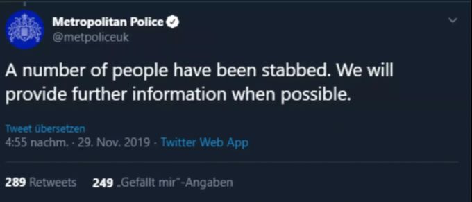Die Londoner Polizei bestätigt, dass mehrere Menschen Stichwunden erlitten haben. London Messerattacke