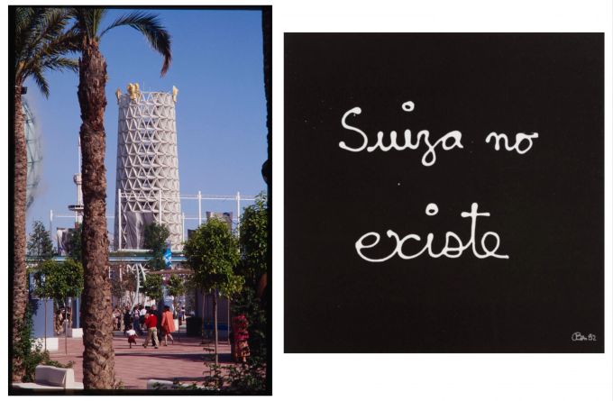 Im weithin sichtbaren Pavillon der Schweiz an der Expo 1992 in Sevilla (links) wurden die Besucher darauf hingewiesen, dass es die Schweiz gar nicht gebe. Expo Suiza no existe