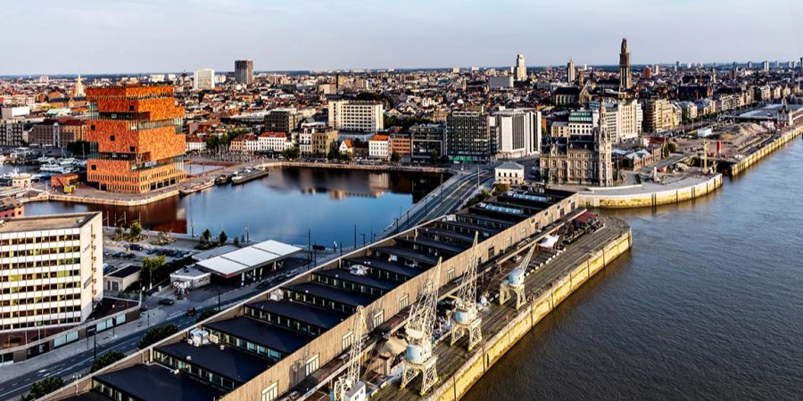 Hafen Viertel Antwerpen Tourismus Häuser Gebäude Lager Kran