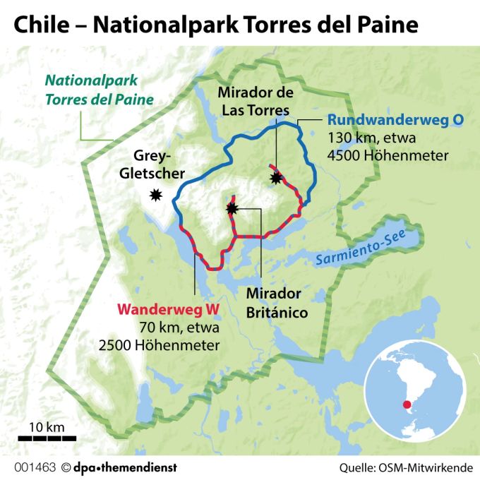 Wilde Natur, große Gletscher und markante Bergmassive prägen den Torres del Paine im chilenischen Teil Patagoniens. Grafik Chile Nationalpark Torresl del Paine