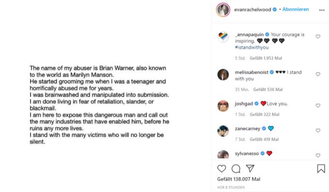 Evan Rachel Wood schreibt auf Instagram über den Missbrauch. evan rachel wood marilyn