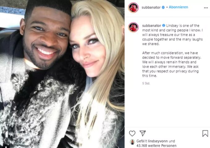 Auch P.K. Subban schreibt über das Liebes-Aus mit Lindsey Vonn. Lindsey Vonn