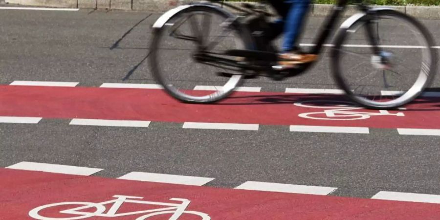 In der Innenstadt von Karlsruhe fährt ein Radfahrer auf einem Fahrradstreifen. Foto: Uli Deck/dpa