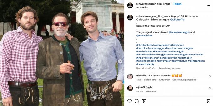 Der Schauspieler Arnold Schwarzenegger, mit seinen Söhnen Christopher (links) und Patrick Arnold (rechts). schwarzenegger