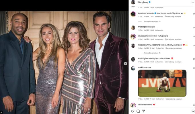 Roger und Mirka Federer feiern mit Thierry Henry und Geburtstagskind Andrea Rajacic. Roger Federer