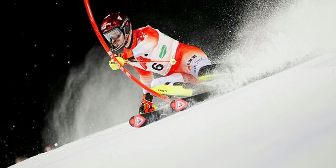 Loïc Meillard im Slalom von Schladming. Loïc Meillard Slalom Schladming