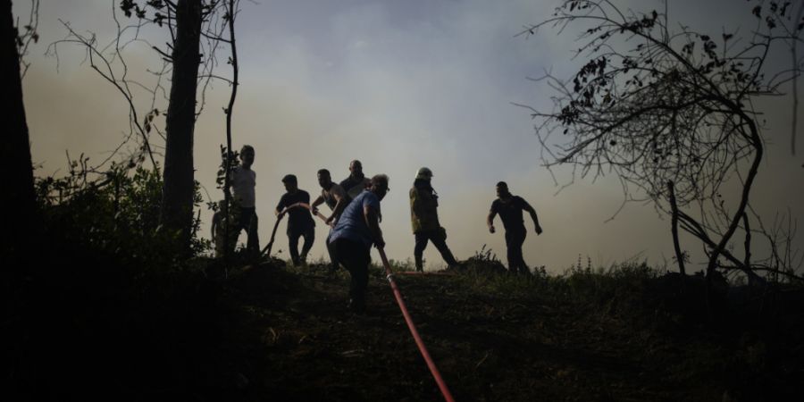 ARCHIV - Einheimische und Feuerwehrleute versuchen, einen Waldbrand in Beykoz, einem Vorort von Istanbul, zu löschen. Foto: Emrah Gurel/AP/dpa