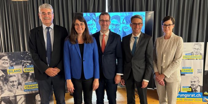 Für mehr Eigeninitiative und weniger Staat: Stefan Suter, Stephanie Eymann, Conradin Cramer, Lukas Engelberger und Eva Biland (v.l.). basel wahlen