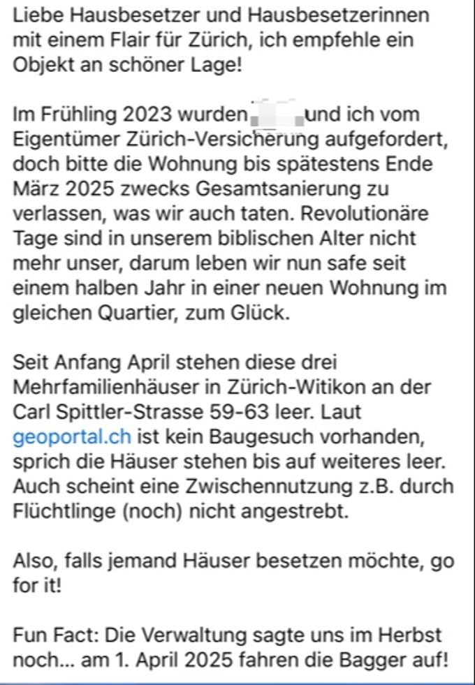 Im mittlerweile gelöschten Post empfiehlt der Ex-Mieter «ein Objekt an schöner Lage» zur Hausbesetzung. Post Facebook