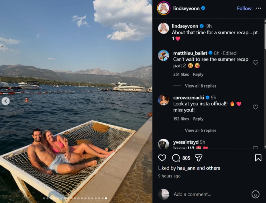 Kuschelig statt sportlich: Auf einer Hängematte über dem Wasser lassen es Lindsey Vonn und ihr neuer Freund ruhig angehen.