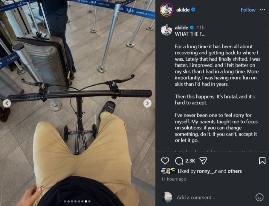 Aleksander Kilde auf einem Knieroller am Flughafen. Der 34-Jährige ist wegen des Achillessehnenrisses zurzeit auf Hilfsmittel angewiesen.
