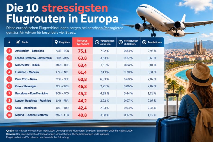 Diese zehn europäischen Flugrouten bringen laut Air Advisor besonders viele Stressfaktoren für nervöse Passagiere mit sich. Bild: TN / KI