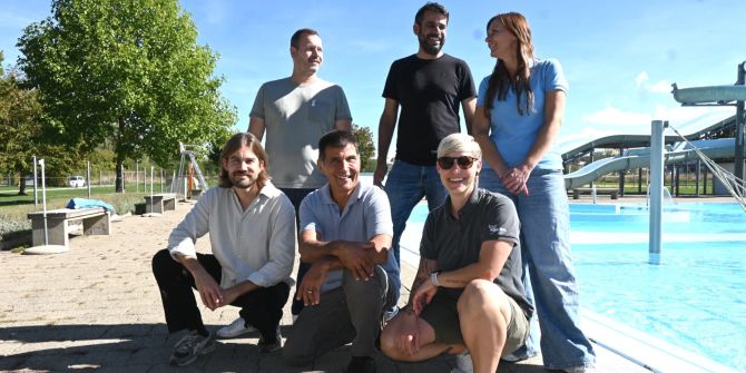 Blick zurück (vl.): Adrian Neininger, Patrick Kugler, Ruedi Wolfender, Daniel Moos, Katharina Stolz und Sibel Olut. ⋌Kurt Peter