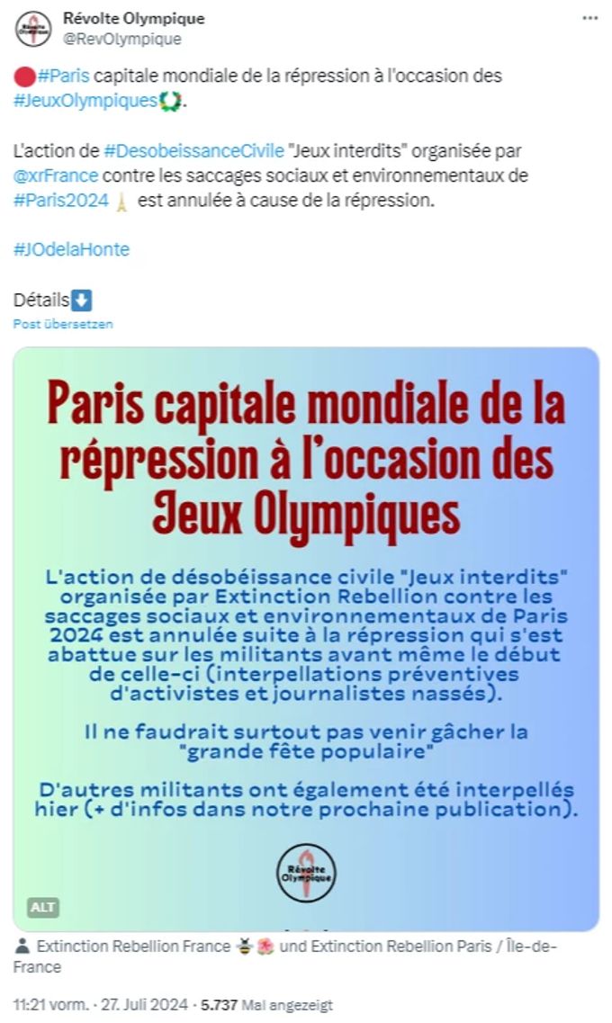 Eine Störaktion an Olympia 2024 wird abgesagt, nachdem die französische Polizei mehrere Aktivisten festgenommen hat. Olympia 2024