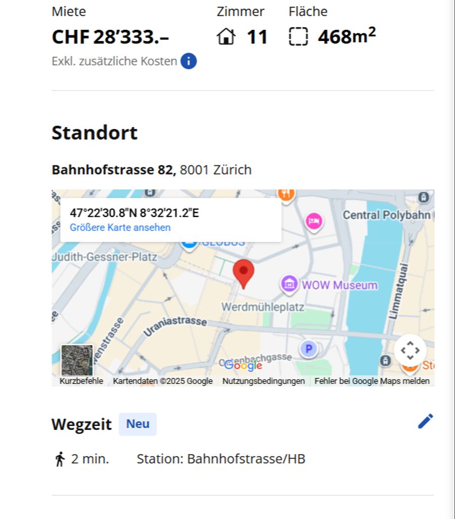 Stolze 28'333 Franken im Monat beträgt die Miete.
