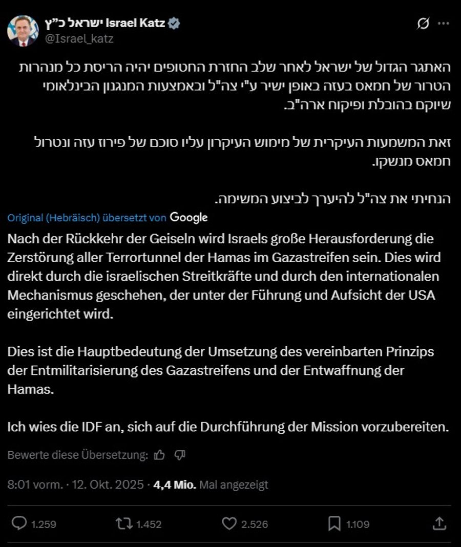 Katz Twitter Hamas Tunnel