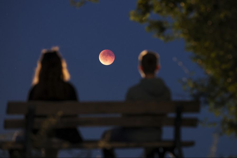 Schaulustige beobachten die totale Mondfinsternis in Leipzig (D).