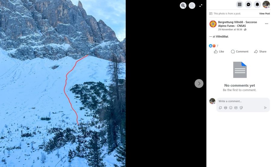Die Bergrettung Villnöss hat auf diesem Foto den Weg eingezeichnet, den die jungen Touristen wählten, um ins Hochgebirge zu gelangen.