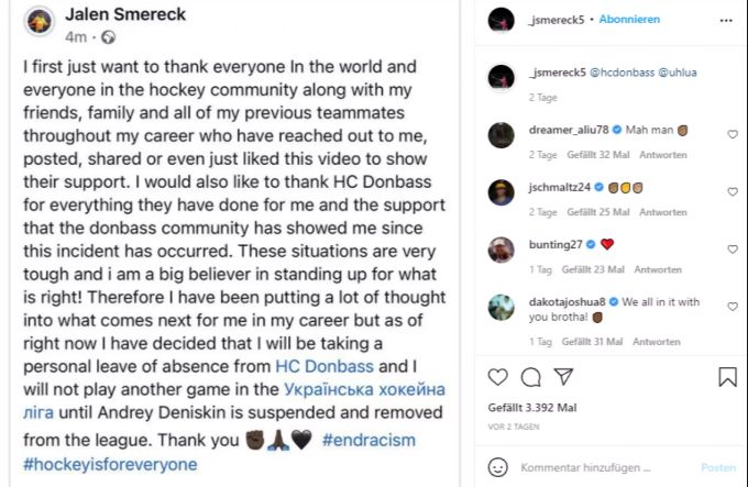 Jalen Smerecks Statement auf Instagram. Jalen Smereck