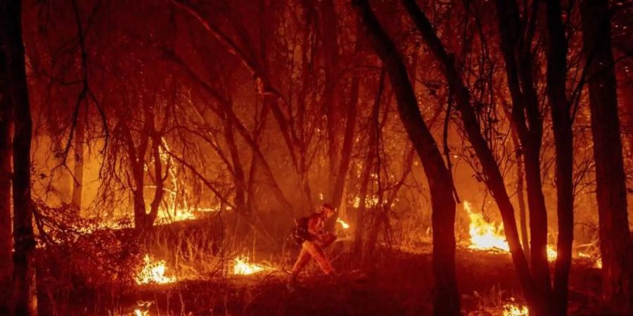 Ein Feuerwehrmann versucht, ein Feuer einzudämmen. Foto: Ethan Swope/AP/dpa