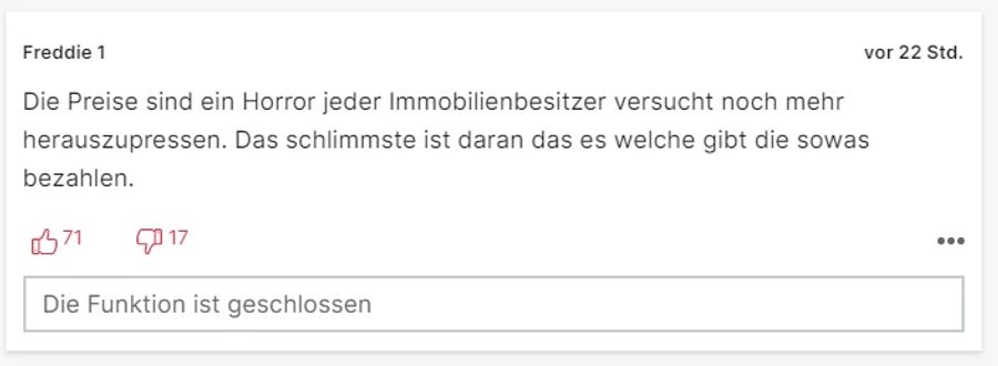 Freddie 1 findet die Wohnungspreise zu hoch