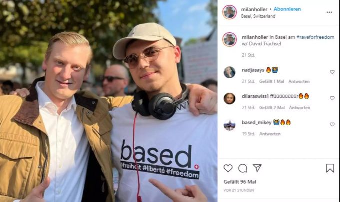 Neben den Freiheitstrychlern hätten auch jüngere Gruppen mit Technomusik für Stimmung gesorgt, sagt Trachsel. JSVP Coronademo Basel Musik
