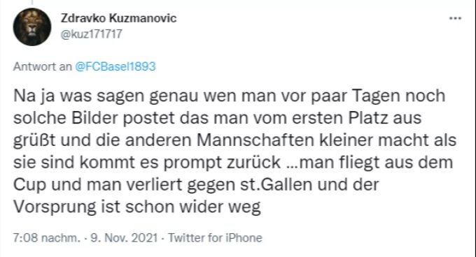 Zdravko Kuzmanovic antwortet unter einem Tweet des FC Basel. Zdravko Kuzmanovic
