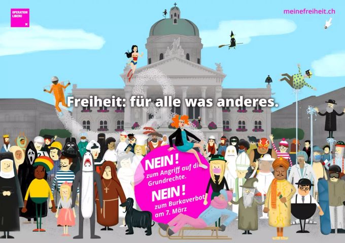 Banner Operation-Libero: Nein zum Burkaverbot. Banner Nein-Burkaverbot.