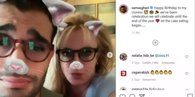 Sam Asghari und Britney Spears albern auf Instagram. britney spears