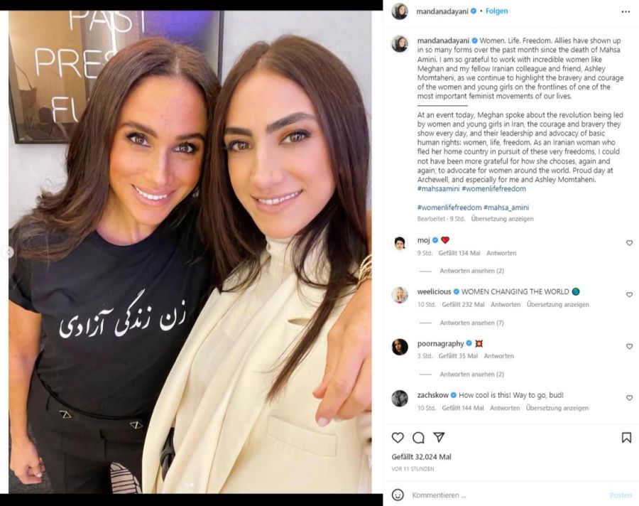 Meghan Markle trägt ein Shirt mit der Aufschrift «Frauen, Leben, Freiheit».