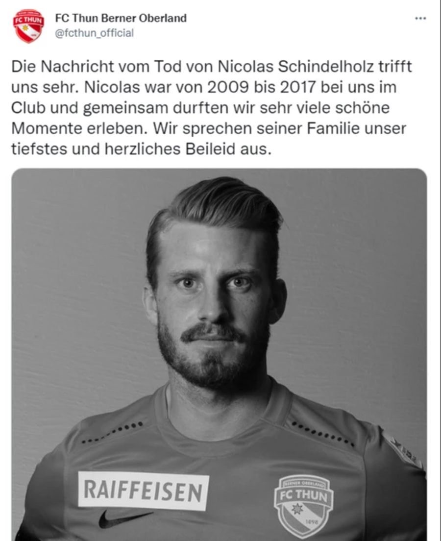 Auch sein Ex-Klub FC Thun zeigt sich über den frühen Tod des 34-Jährigen bestürzt.