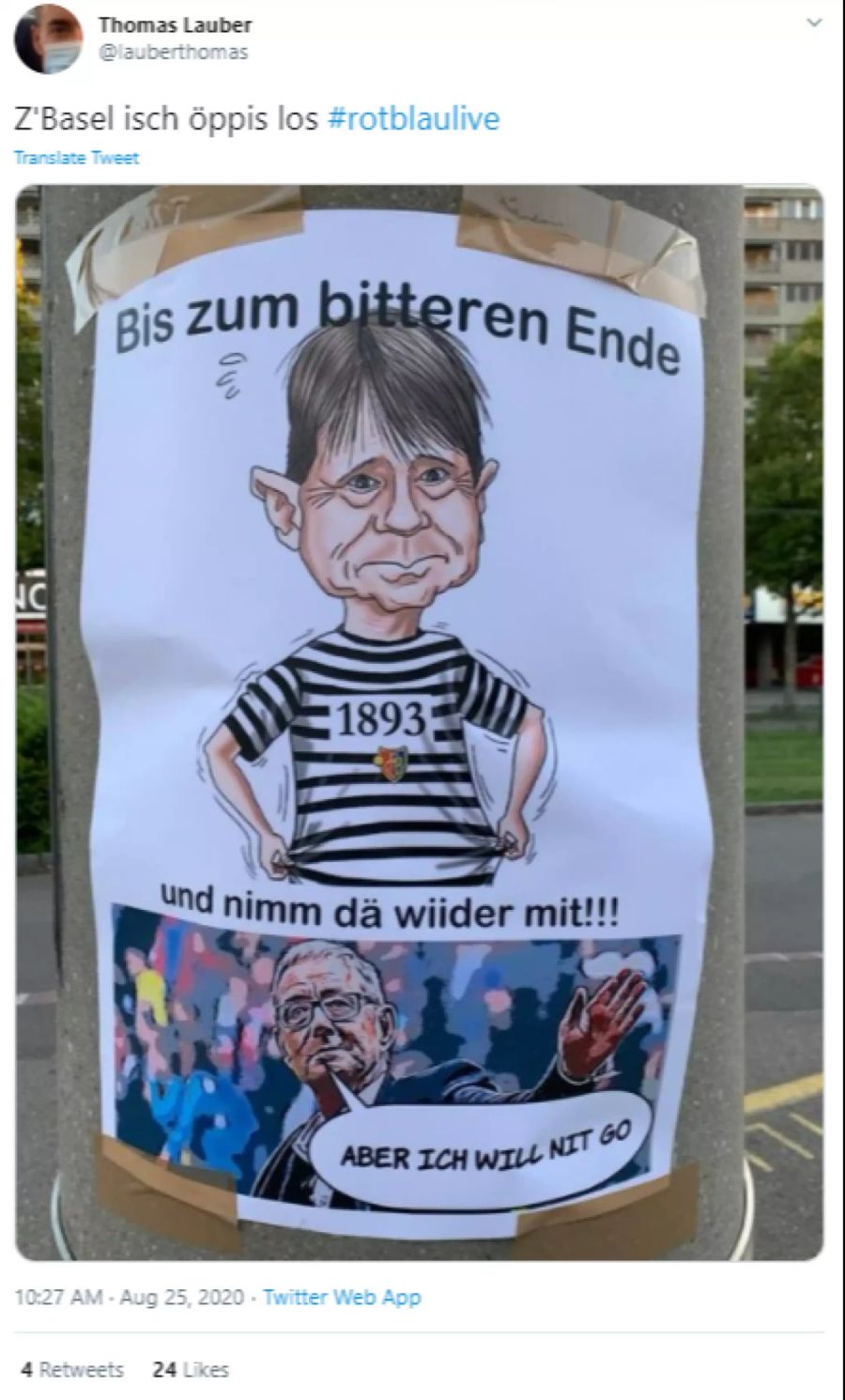 Vor dem Basler St. Jakobs-Park hängen Plakate, die gegen Burgener und Heri gerichtet sind.