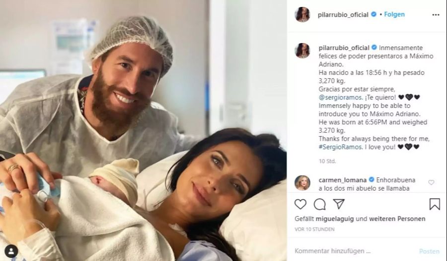 Auch seine Ehefrau Pilar Rubio verkündet auf Instagram das Babyglück.