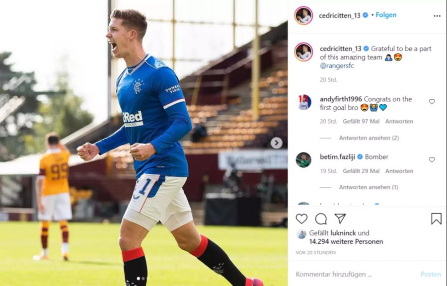 Cedric Itten schiesst seine ersten beiden Tore für die Glasgow Rangers.