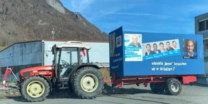 Der wegen dem Ausdruck «Neger» beanstandete Fasnachts-Wagen in Vilters-Wangs SG. Fasnacht Wagen Neger Manoranjithan