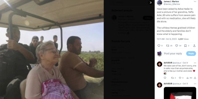 Auf dem Bild ist die 85-jährige Yaffa Adar zu sehen. Die Israelin wurde am Samstag von Hamas-Kämpfern entführt. Hamas Entführungen
