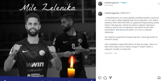 Der MNK Hercegovina trauert um den Futsal-Spieler Mile Zelenika. futsal