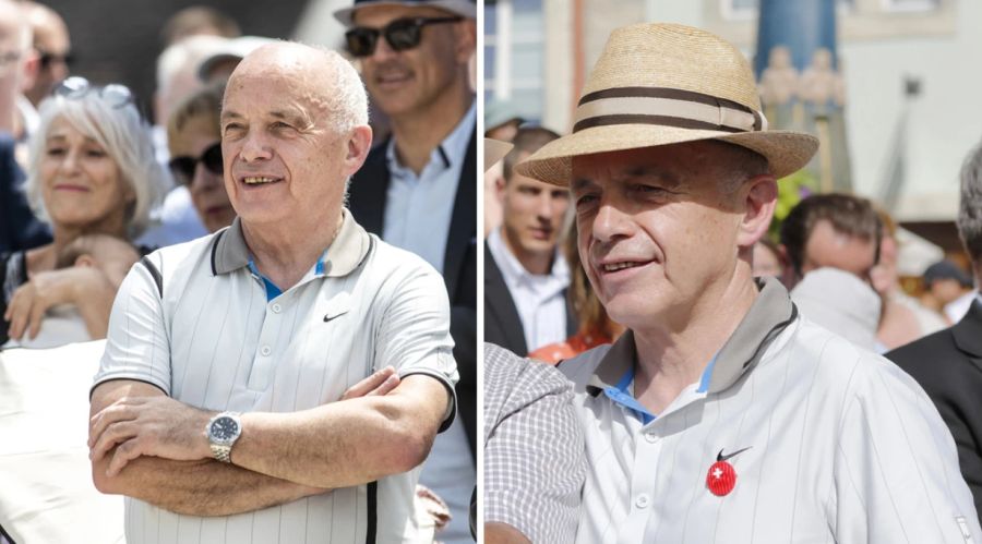 Bundesrat Ueli Maurer im Poloshirt mit dezenten Längsstreifen, fotografiert in den Jahren 2017 (rechts) und 2019 (links).