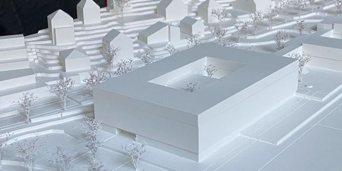 Ein Modell des Oberstufenschulhauses Rebberg. Modell Schulgebäude