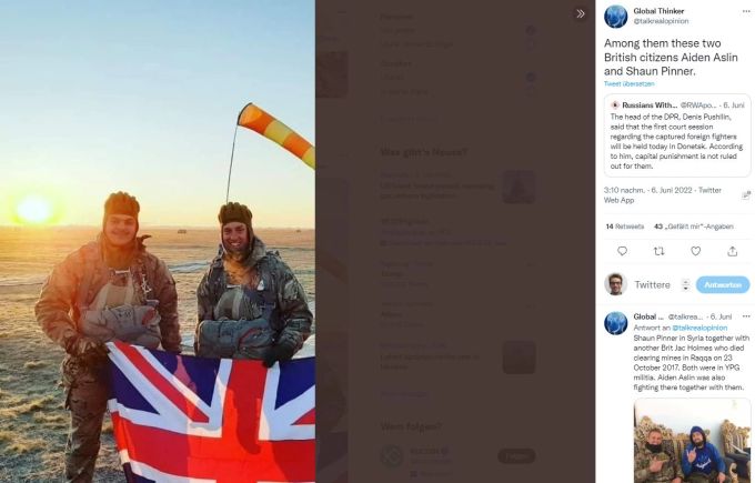 Die zwei Briten Aiden Aslin (links) und Shaun Pinner (rechts) wurden von den Donezker Separatisten wegen ihrer Beteiligung im Ukraine-Krieg zum Tode verurteilt. Ukraine Krieg