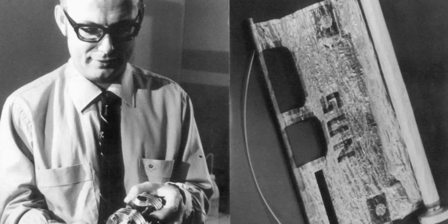 August 1969: Der Berner Physikprofessor Johann Geiss (Bild links) hält einen Vakuumzylinder in der Hand, in dem sich ein Sonnensegel (Bild rechts) befindet, das auf der Reise zum Mond mit an Bord war. Das Sonnensegel diente der Messung des Sonnenwindes (Archivbild)